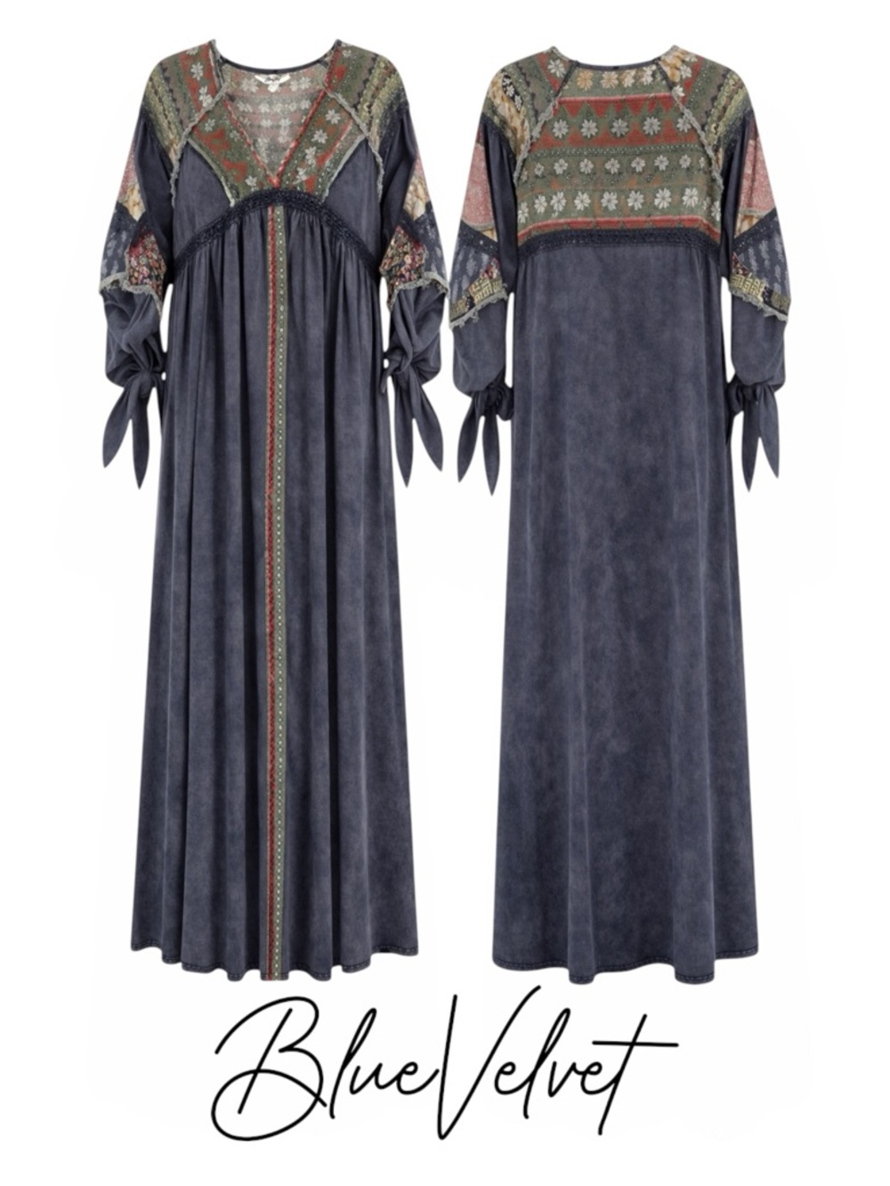 Blue Velvet Boho Patchwork Maxi Dress | Acid Wash Blue Gray | Size Small